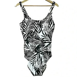 Ocean Pacific (OP) Swimsuit L Black/ White Tropical Scoop Neck Strappy Back NWT